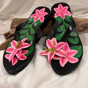 Vintage Susan Mango Women's Hand-Painted Pink Lily Wedge Sandals